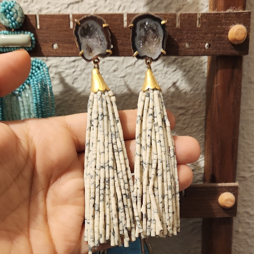 Geod Elegant Gold and Cream Tassel Earrings